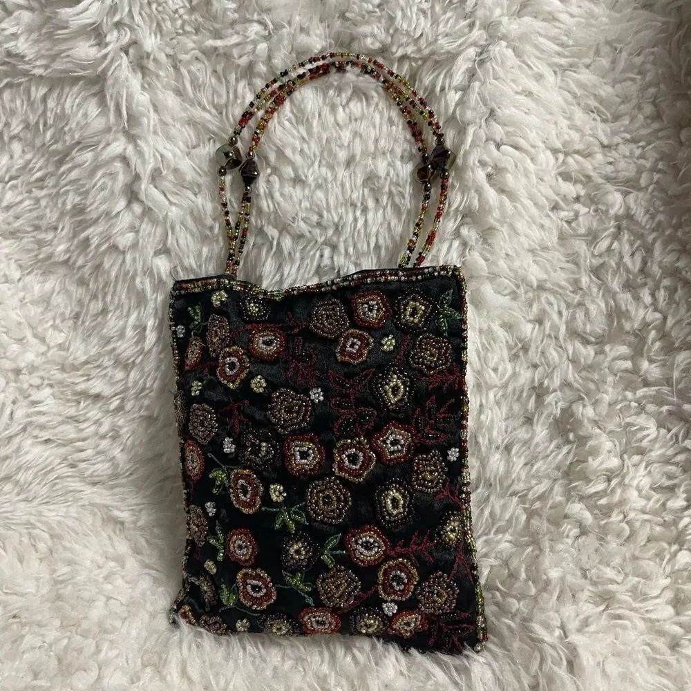Christian Livingston Collection  black  beaded multi color embroidery handbag